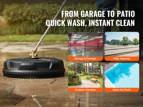 VEVOR pressure washer surface cleaner used on patio, with text highlighting various cleaning areas.
