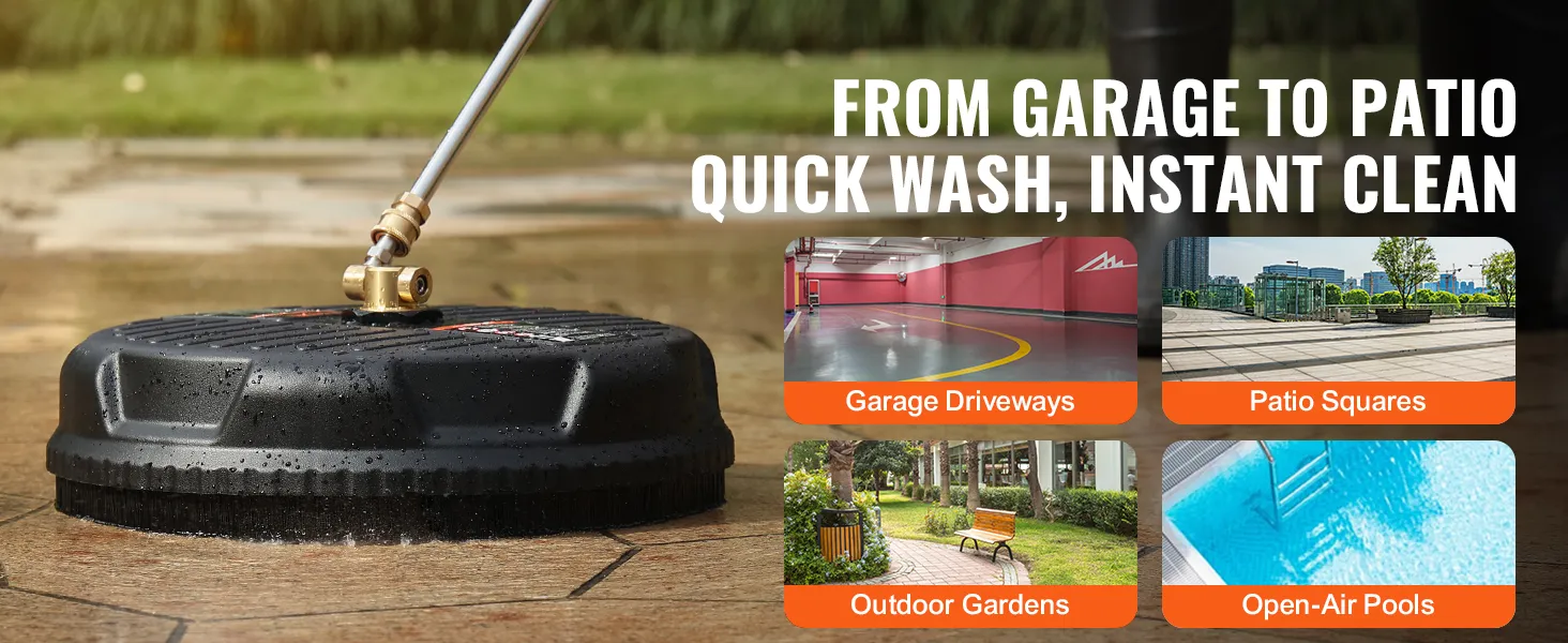 VEVOR pressure washer surface cleaner used on patio, with text highlighting various cleaning areas.