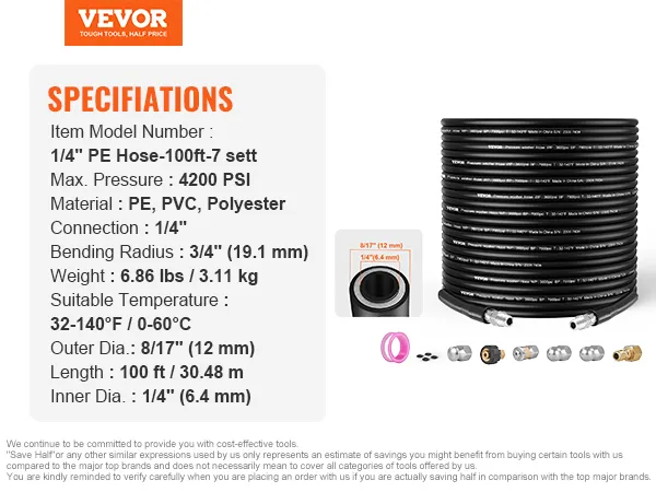 Tubo flessibile per idropulitrice VEVOR, 100 piedi, 1/4" pe, 4200 psi, con vari connettori e accessori esposti.