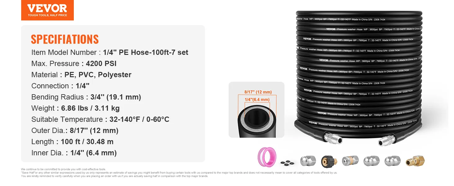 Tubo flessibile per idropulitrice VEVOR, 100 piedi, 1/4" pe, 4200 psi, con vari connettori e accessori esposti.
