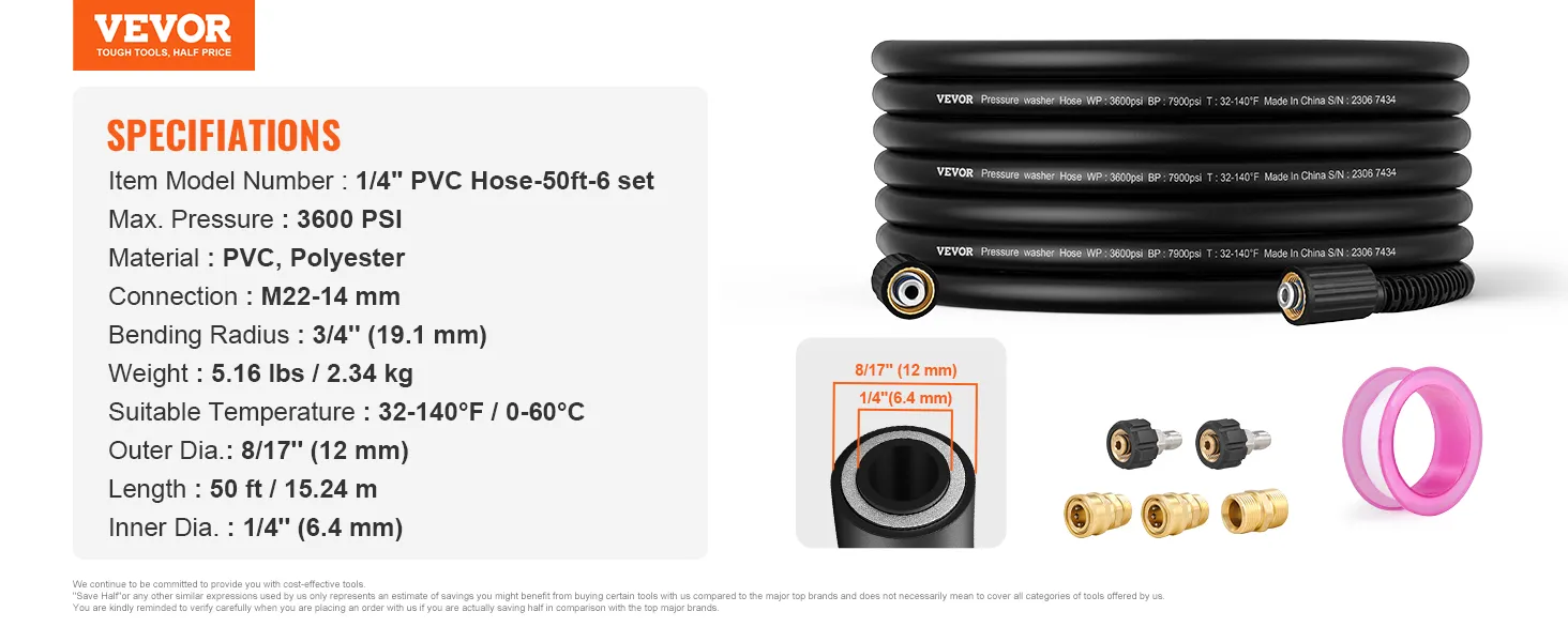 VEVOR Hochdruckreinigerschlauch, 50 Fuß Länge, 3600 psi max. Druck, PVC-Material mit Anschlusszubehör.
