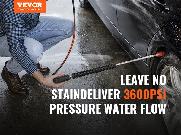 Person, die einen VEVOR-Hochdruckreinigerschlauch zum Reinigen eines Autos mit einem Wasserdurchfluss von 3600 psi verwendet.