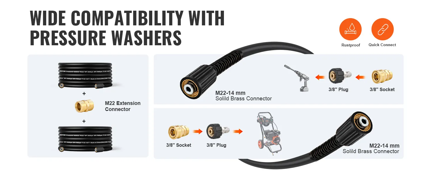 Breite Kompatibilität des VEVOR-Hochdruckreinigerschlauchs mit M22-Anschlüssen und 3/8-Zoll-Stecker und -Buchse.