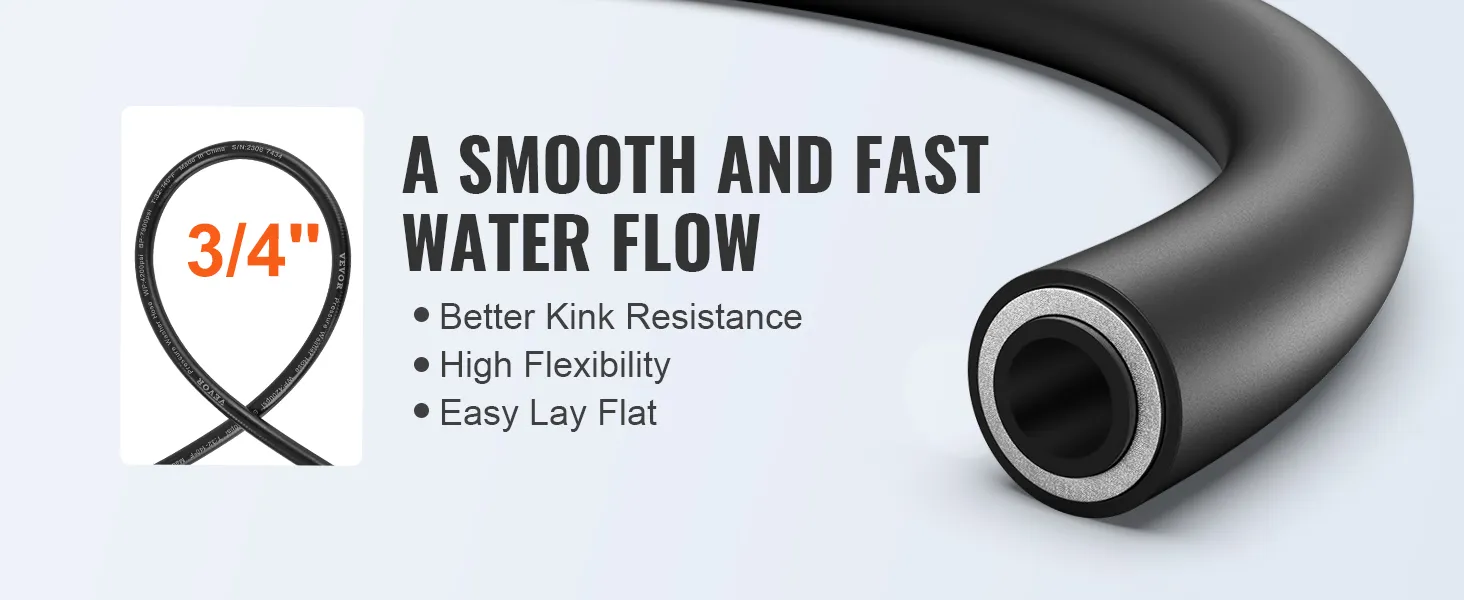 VEVOR Hochdruckreinigerschlauch 3/4 Zoll mit besserer Knickfestigkeit, hoher Flexibilität und einfach flach zu legendem Design.