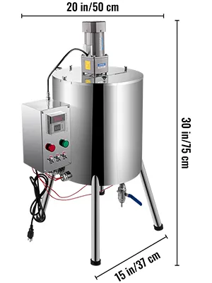 Máquina llenadora de lápiz labial VEVOR de acero inoxidable con panel de control y dimensiones.