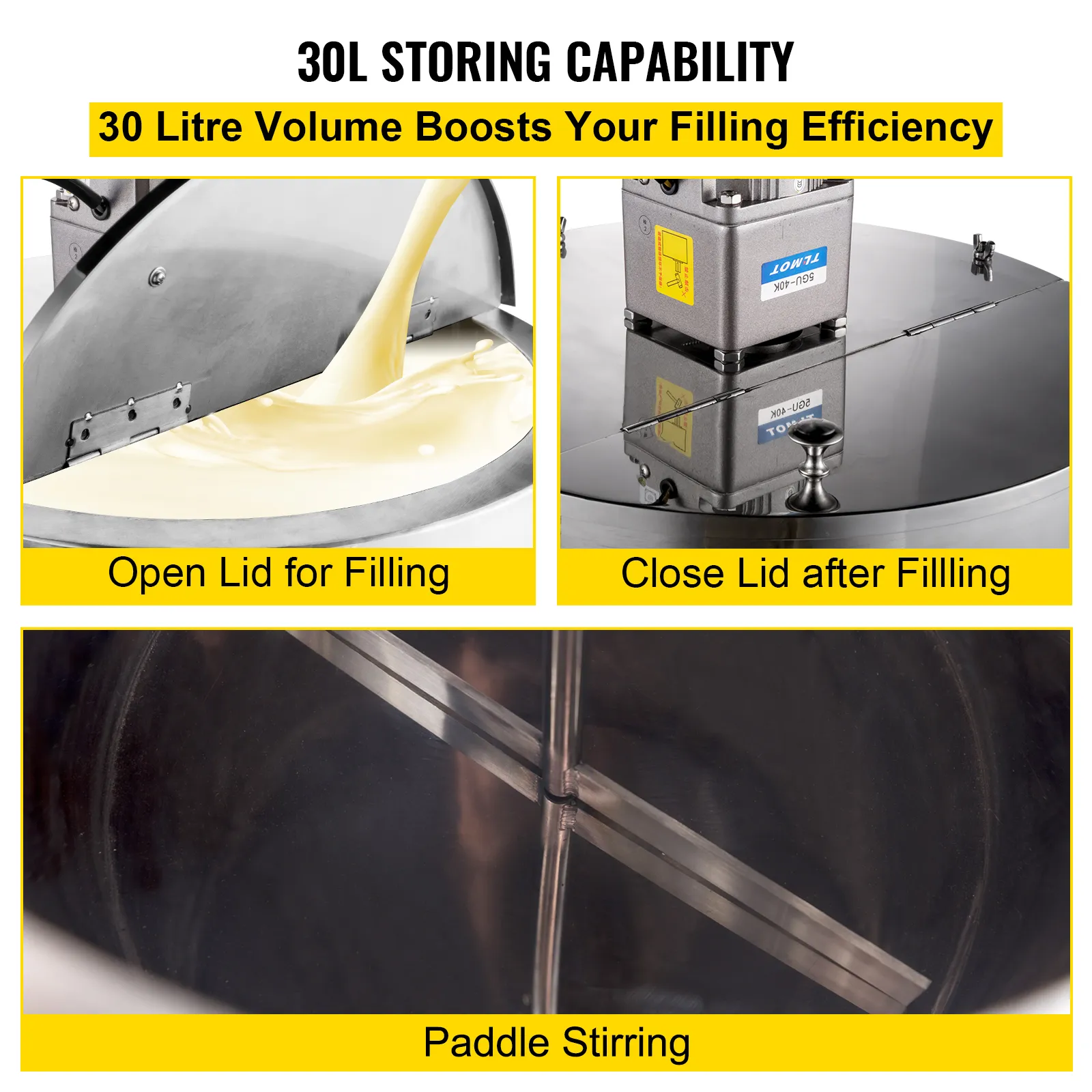 Máquina llenadora de lápiz labial VEVOR que muestra una capacidad de 30 l, tapa abierta/cerrada y agitación de paleta.