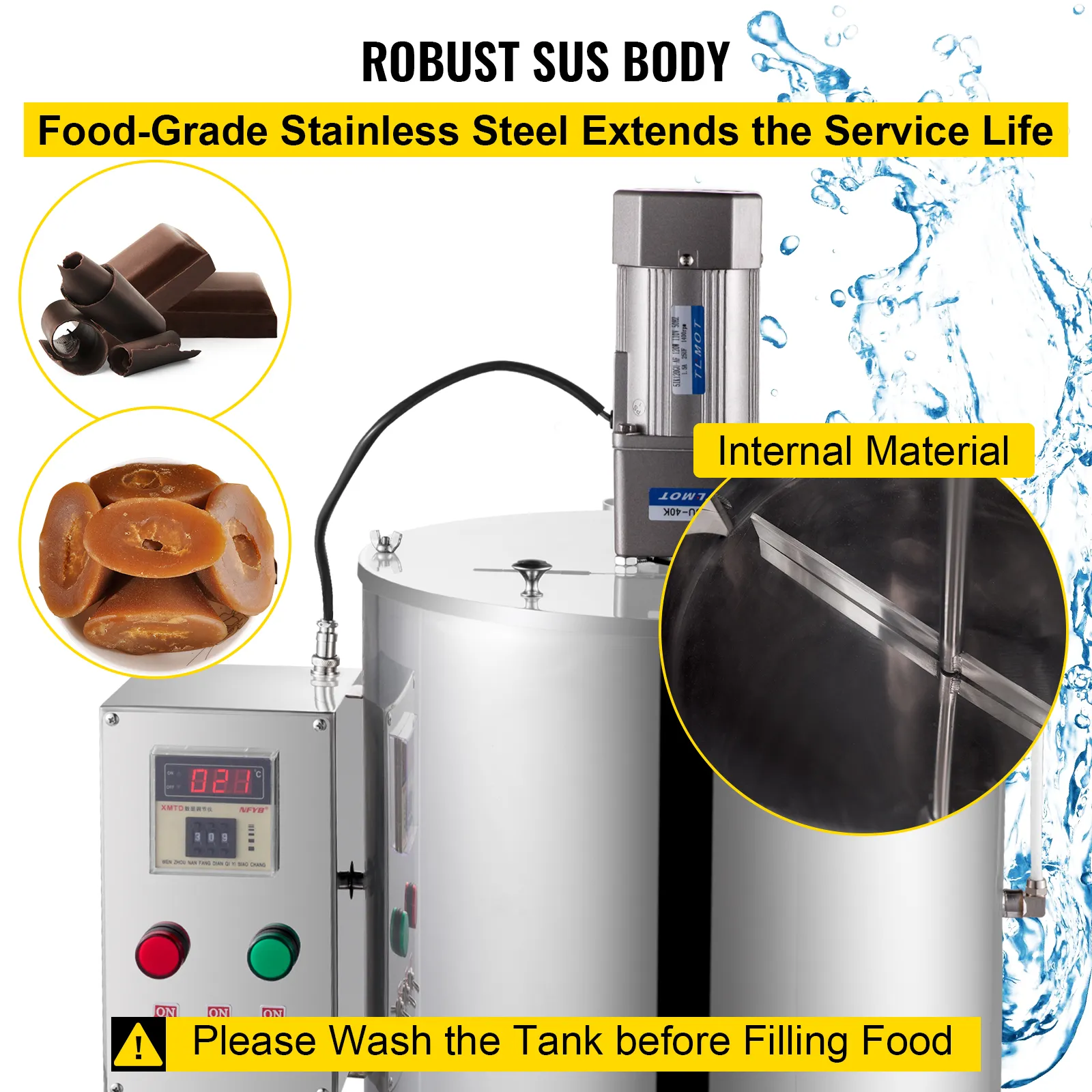 Máquina llenadora de lápiz labial VEVOR con cuerpo de acero inoxidable apto para uso alimentario y material interno.