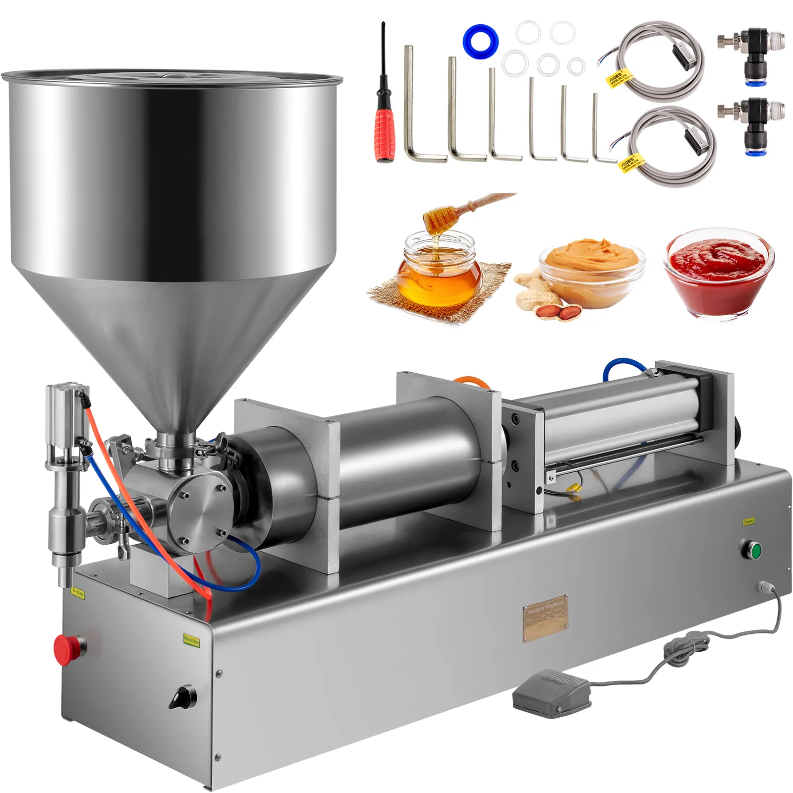Máquina llenadora de pasta líquida VEVOR con accesorios y muestras de miel, mantequilla de maní y ketchup.