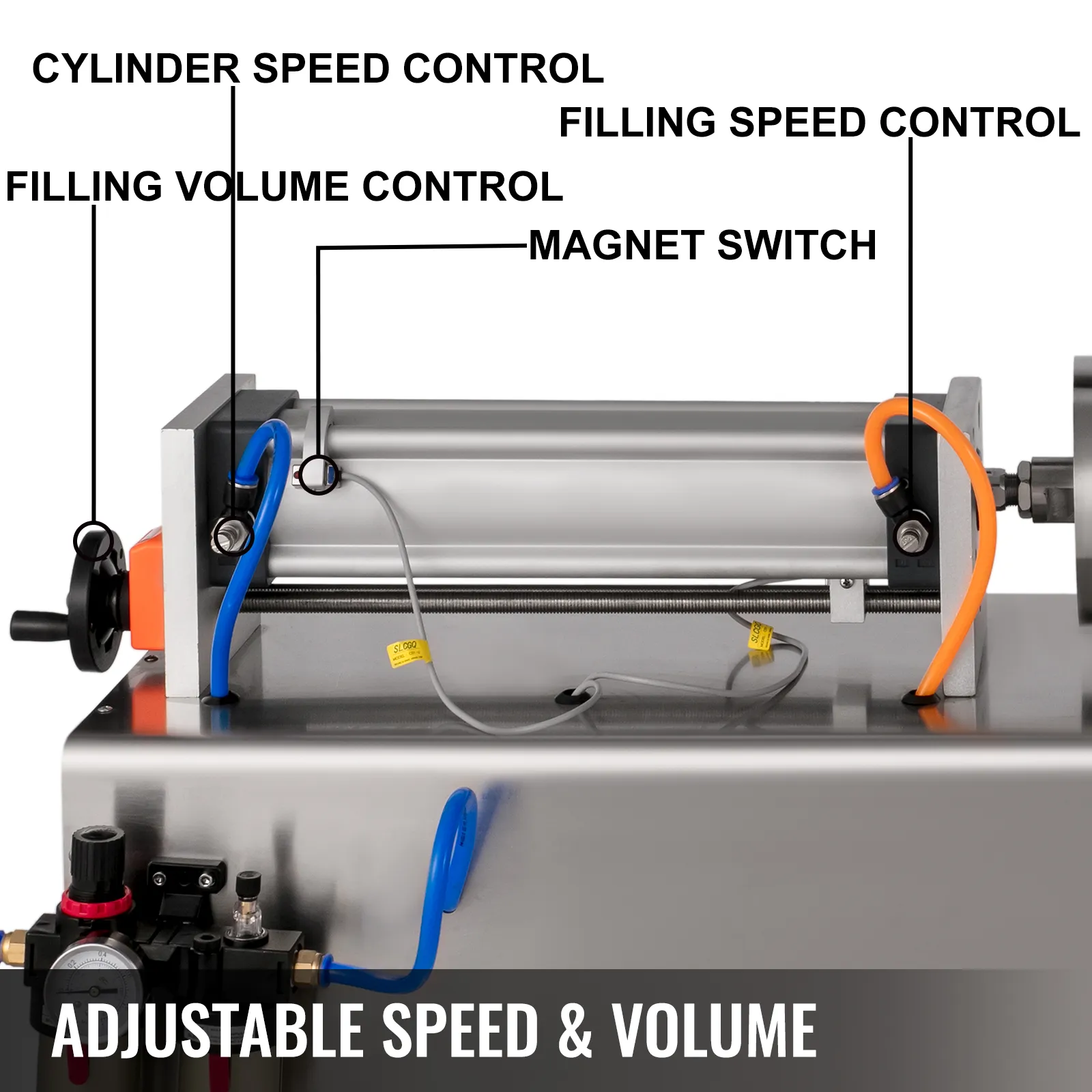 Máquina llenadora de pasta líquida VEVOR con controles de velocidad y volumen ajustables.