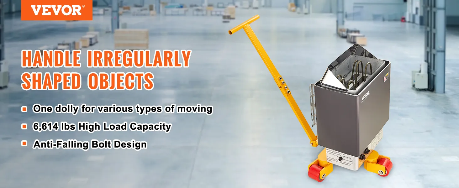 VEVOR machinery skate dolly, 6614 lbs capacity, anti-falling bolt, handle irregularly shaped objects.