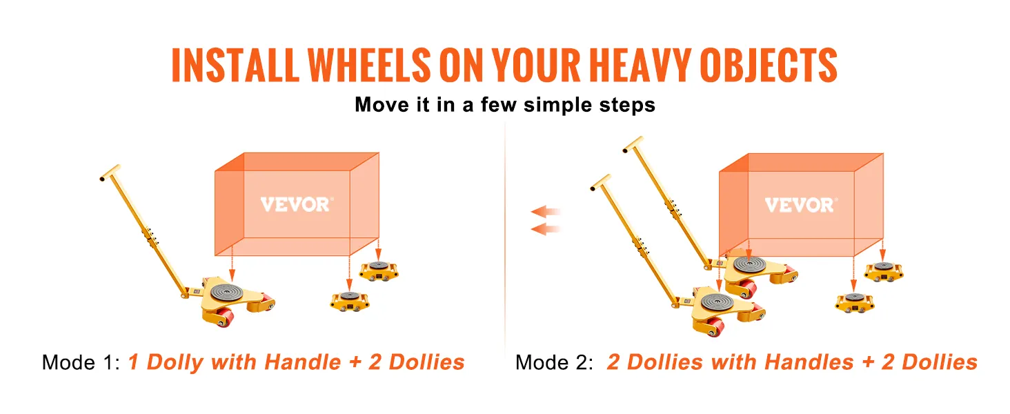 install VEVOR machinery skate dolly wheels on heavy objects with two modes for easy moving.