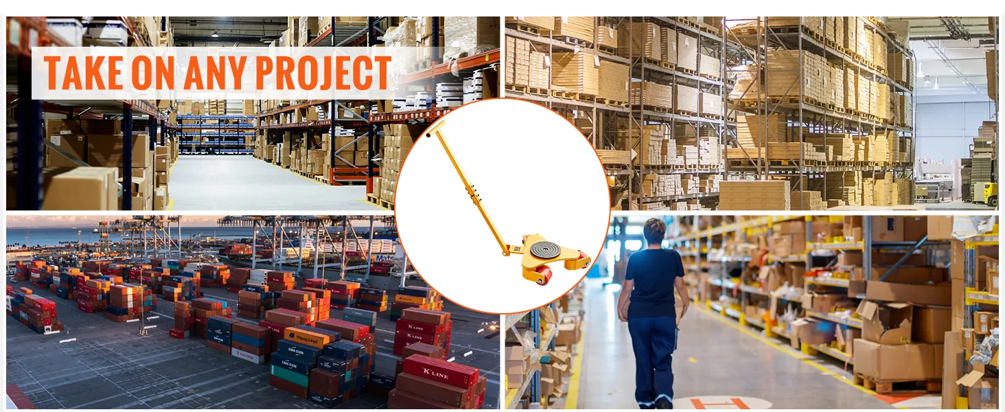 warehouse and shipping containers with VEVOR machinery skate dolly for efficient project handling.