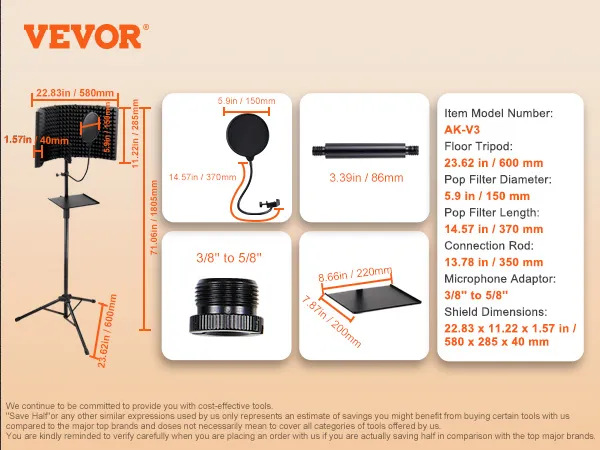 VEVOR microphone isolation shield setup with dimensions and components including pop filter and tripod.