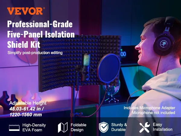 VEVOR microphone isolation shield with adjustable height and foldable design in a colorful studio setup.