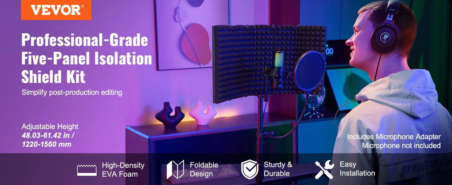 VEVOR microphone isolation shield with adjustable height and foldable design in a colorful studio setup.