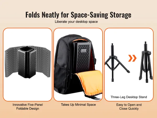 VEVOR microphone isolation shield: foldable design for space-saving storage, fits in backpack, desktop stand.