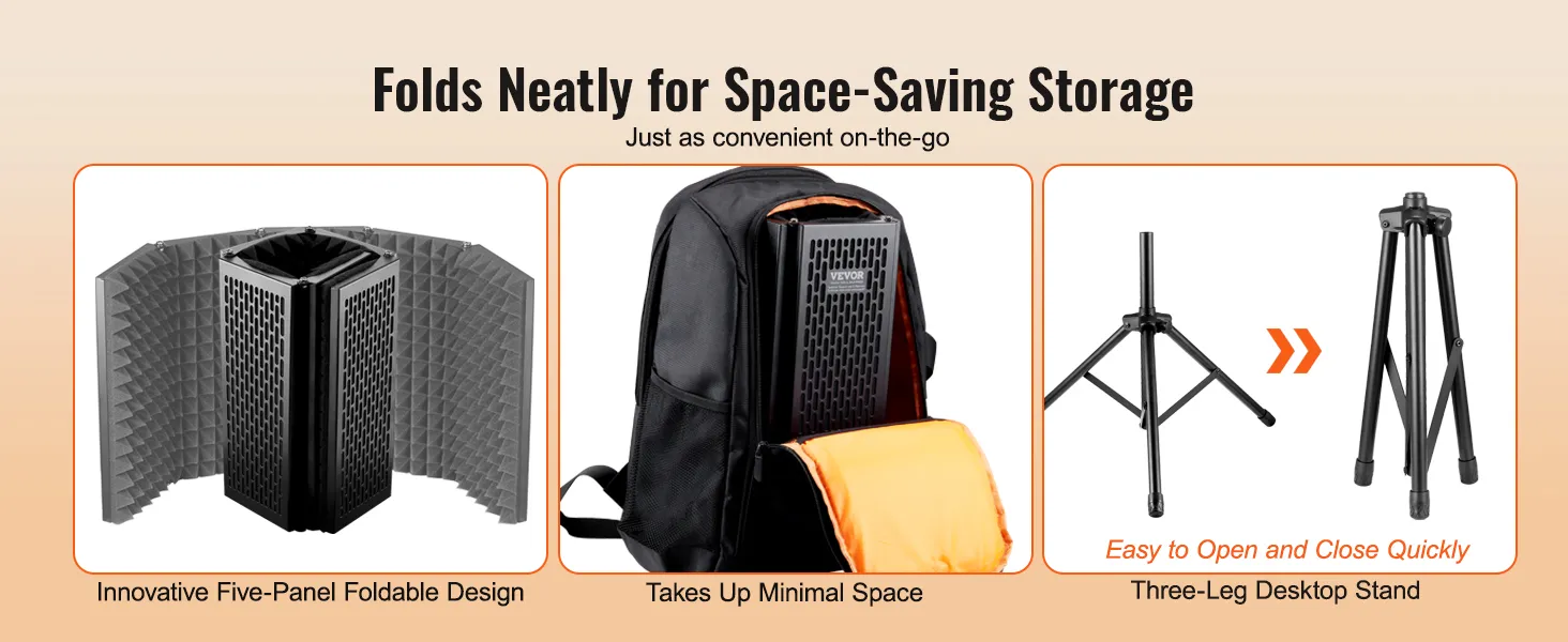 VEVOR microphone isolation shield: foldable design for space-saving storage, fits in backpack, desktop stand.