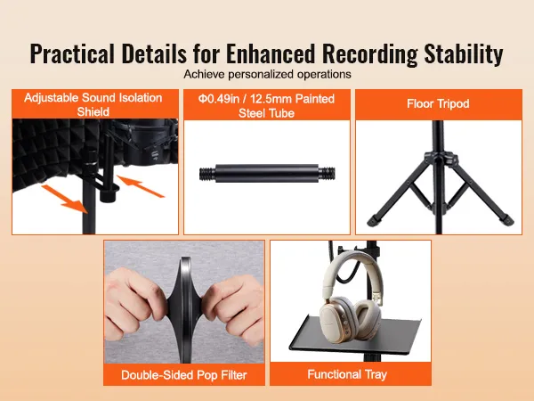 VEVOR microphone isolation shield with adjustable sound isolation, double-sided pop filter, and floor tripod.