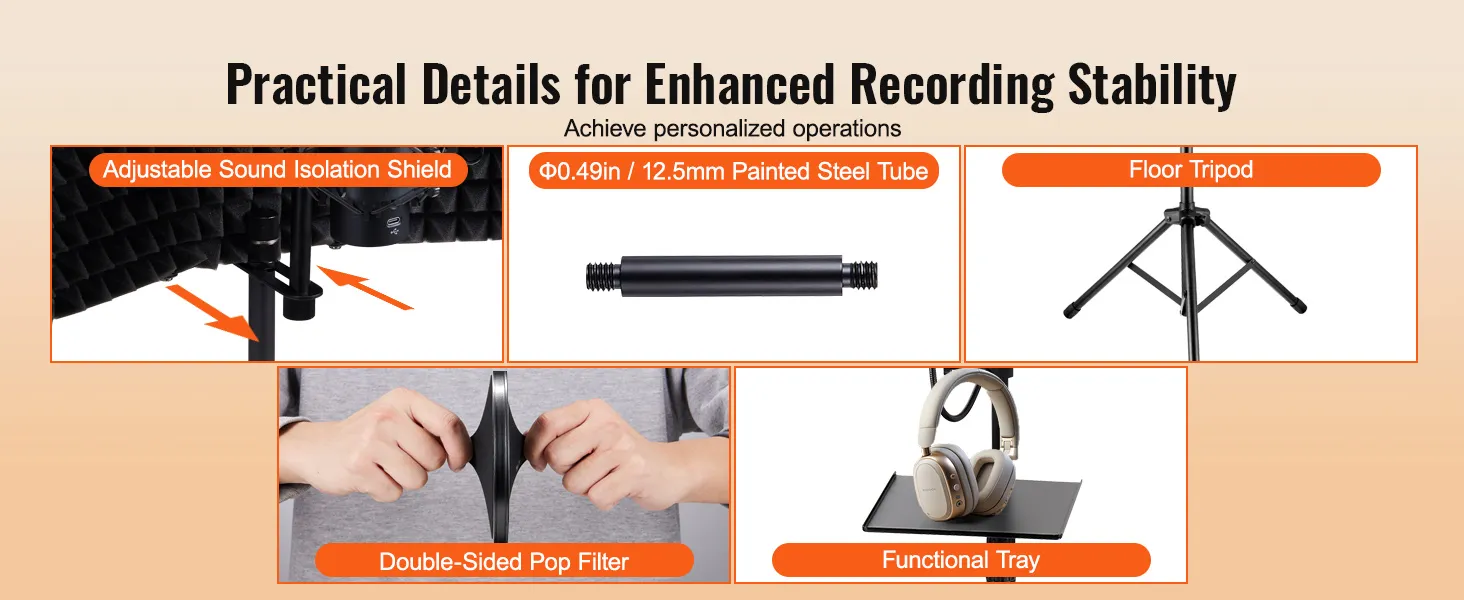 VEVOR microphone isolation shield with adjustable sound isolation, double-sided pop filter, and floor tripod.