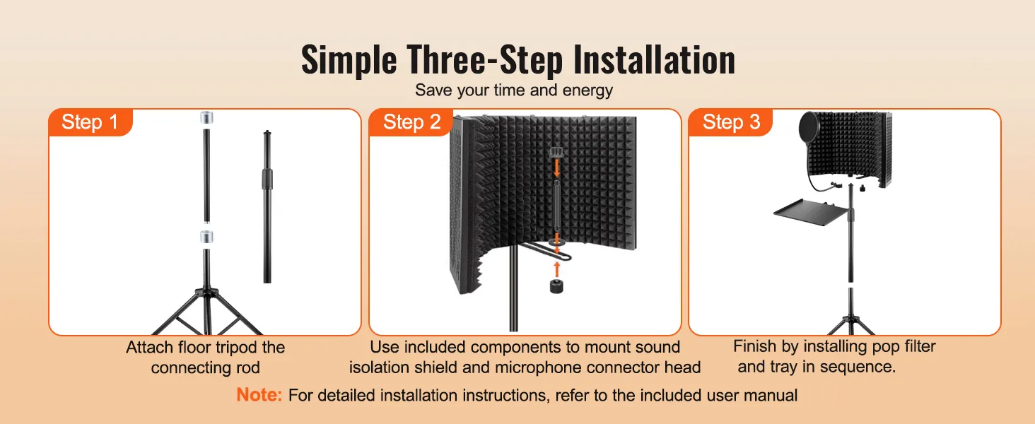 simple three-step installation of VEVOR microphone isolation shield with tripod, shield, and pop filter.