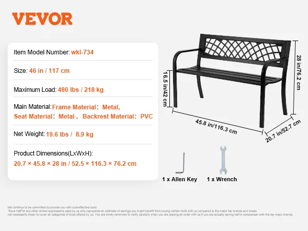 VEVOR outdoor bench, black metal frame, pvc backrest, dimensions, and assembly tools detailed.