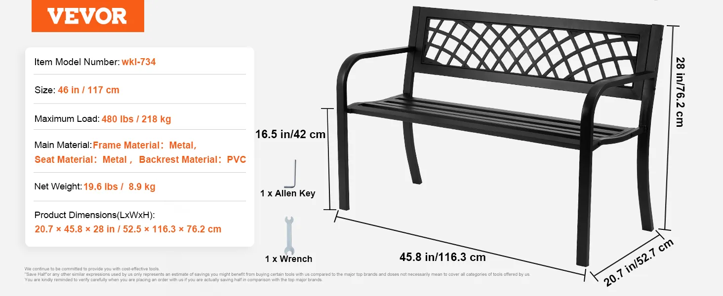 VEVOR outdoor bench, black metal frame, pvc backrest, dimensions, and assembly tools detailed.