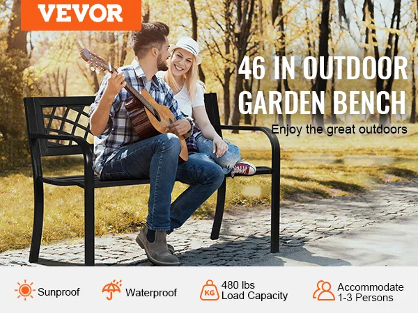 VEVOR outdoor bench in a sunny park with guitar player showing sunproof, waterproof, 480 lbs load capacity.