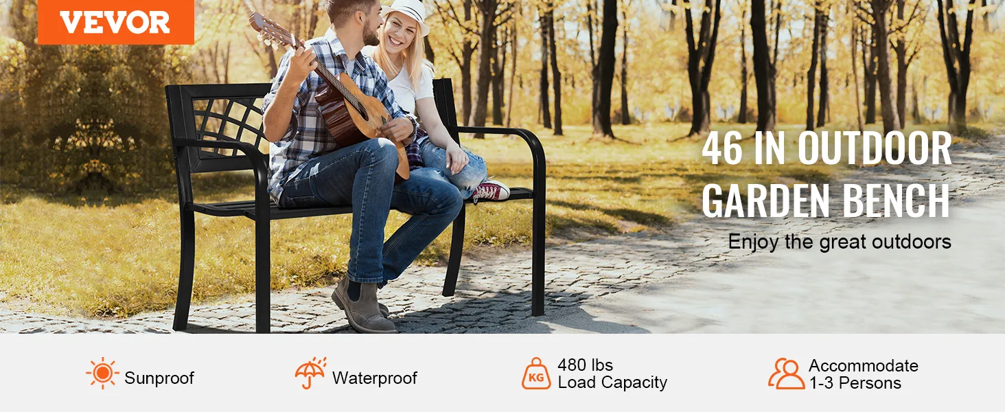 VEVOR outdoor bench in a sunny park with guitar player showing sunproof, waterproof, 480 lbs load capacity.