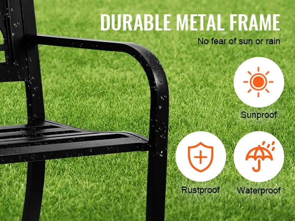 VEVOR outdoor bench with durable metal frame, sunproof, rustproof, and waterproof icons on grass.