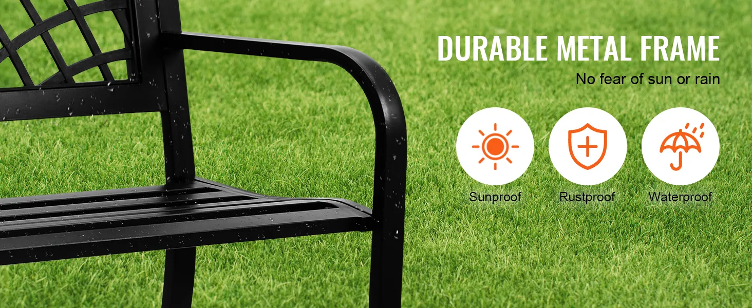 VEVOR outdoor bench with durable metal frame, sunproof, rustproof, and waterproof icons on grass.
