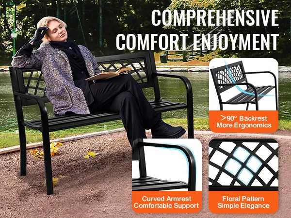VEVOR outdoor bench by a lakeside, highlighting ergonomic backrest, curved armrest, and floral pattern.