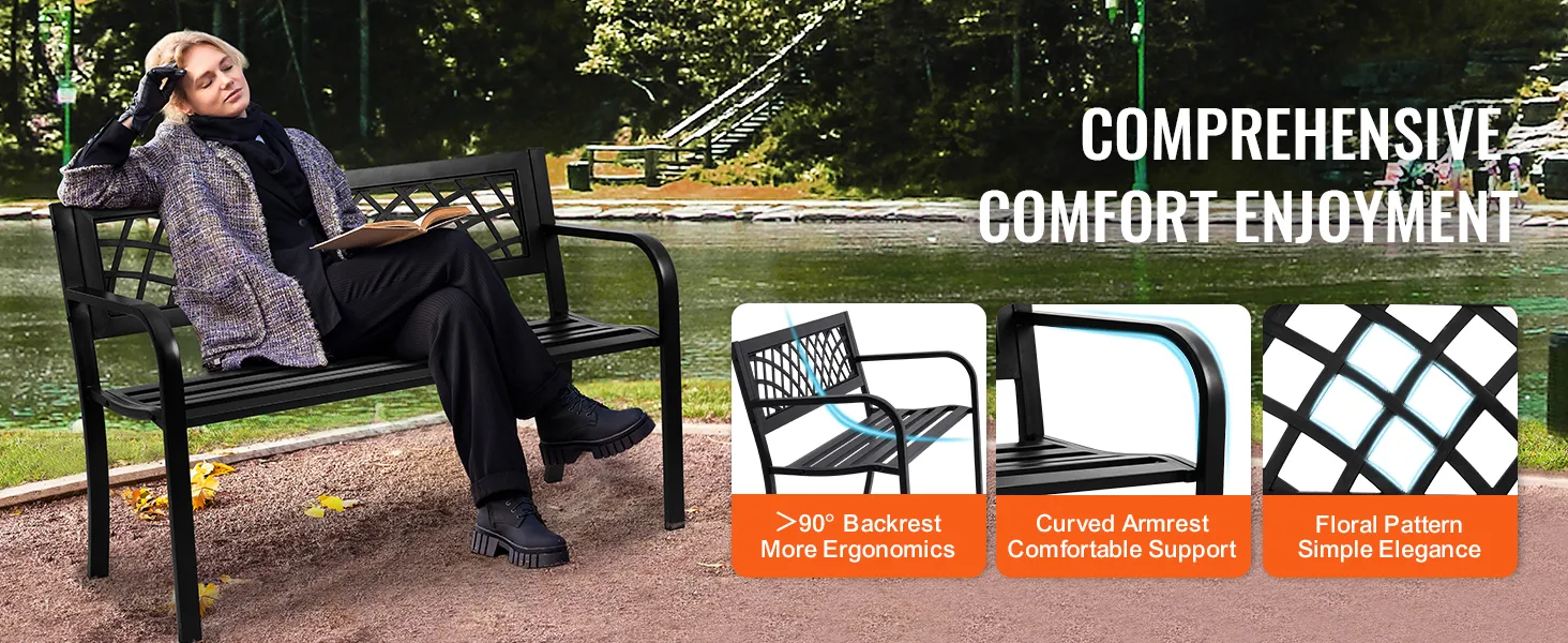 VEVOR outdoor bench by a lakeside, highlighting ergonomic backrest, curved armrest, and floral pattern.