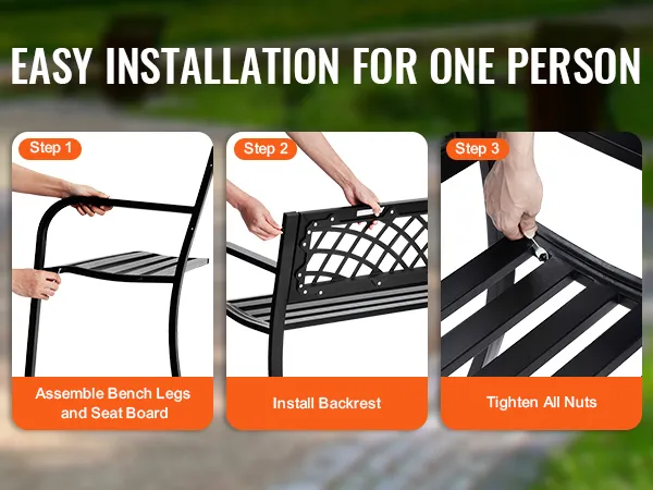 easy installation steps for VEVOR outdoor bench: assemble bench legs and seat board, install backrest, tighten all nuts.