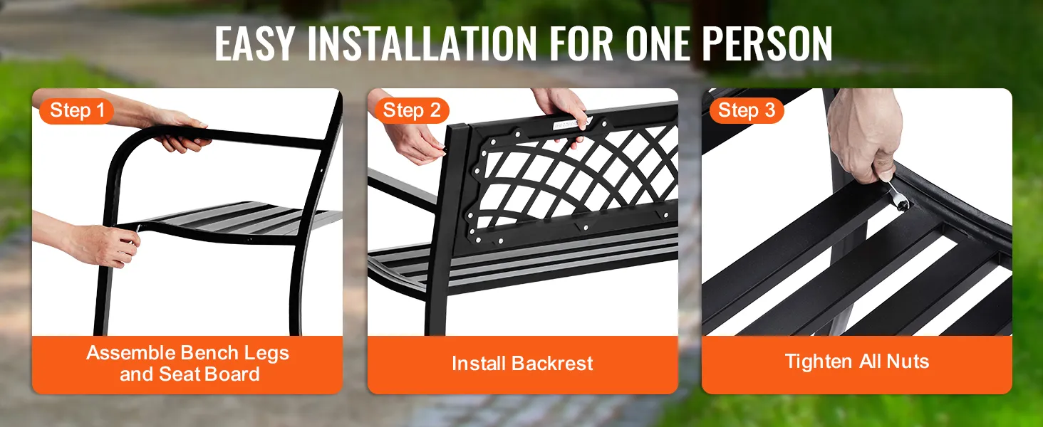 easy installation steps for VEVOR outdoor bench: assemble bench legs and seat board, install backrest, tighten all nuts.