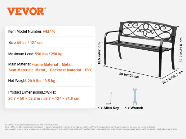 Ławka ogrodowa VEVOR z metalową ramą i oparciem z tworzywa PVC, wymiary: 50 cali x 20,7 cala x 32,2 cala.