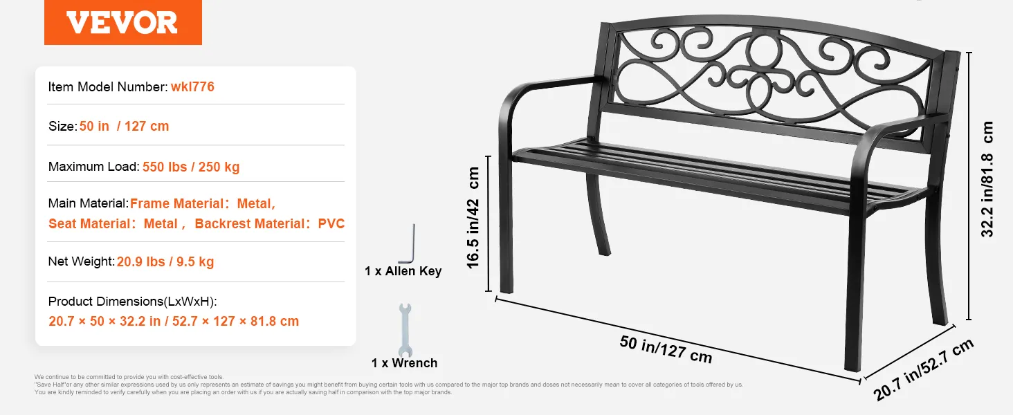 Ławka ogrodowa VEVOR z metalową ramą i oparciem z tworzywa PVC, wymiary: 50 cali x 20,7 cala x 32,2 cala.