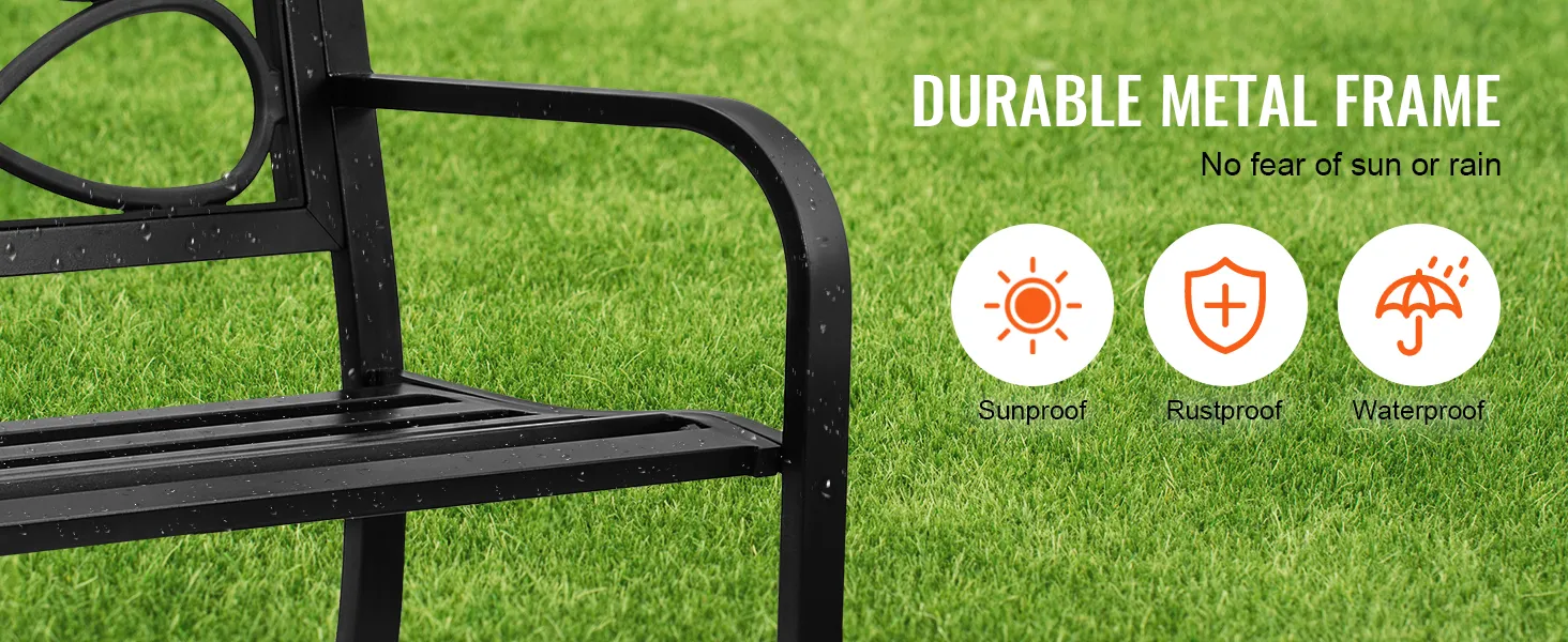 Ławka ogrodowa VEVOR z wytrzymałą metalową ramą, odporna na działanie promieni słonecznych, rdzę i wodę.