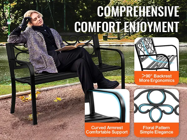 osoba czytająca książkę na ławce VEVOR na świeżym powietrzu, w pobliżu malowniczego stawu, z podkreślonymi udogodnieniami.