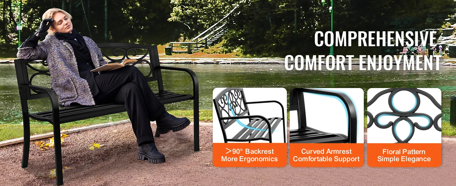 osoba czytająca książkę na ławce VEVOR na świeżym powietrzu, w pobliżu malowniczego stawu, z podkreślonymi udogodnieniami.