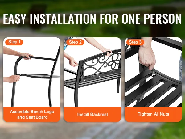 łatwy montaż ławki ogrodowej VEVOR: zamontuj nogi ławki, zamontuj oparcie, dokręć wszystkie nakrętki.