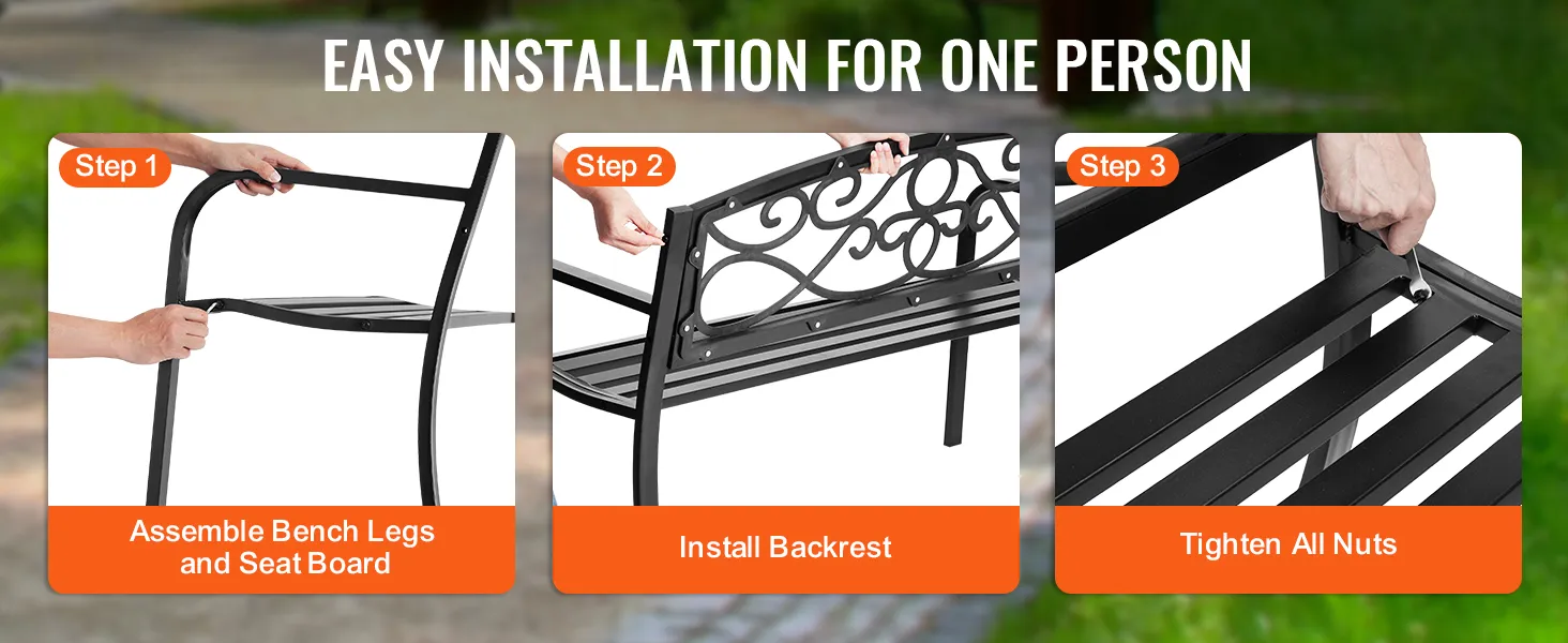 łatwy montaż ławki ogrodowej VEVOR: zamontuj nogi ławki, zamontuj oparcie, dokręć wszystkie nakrętki.