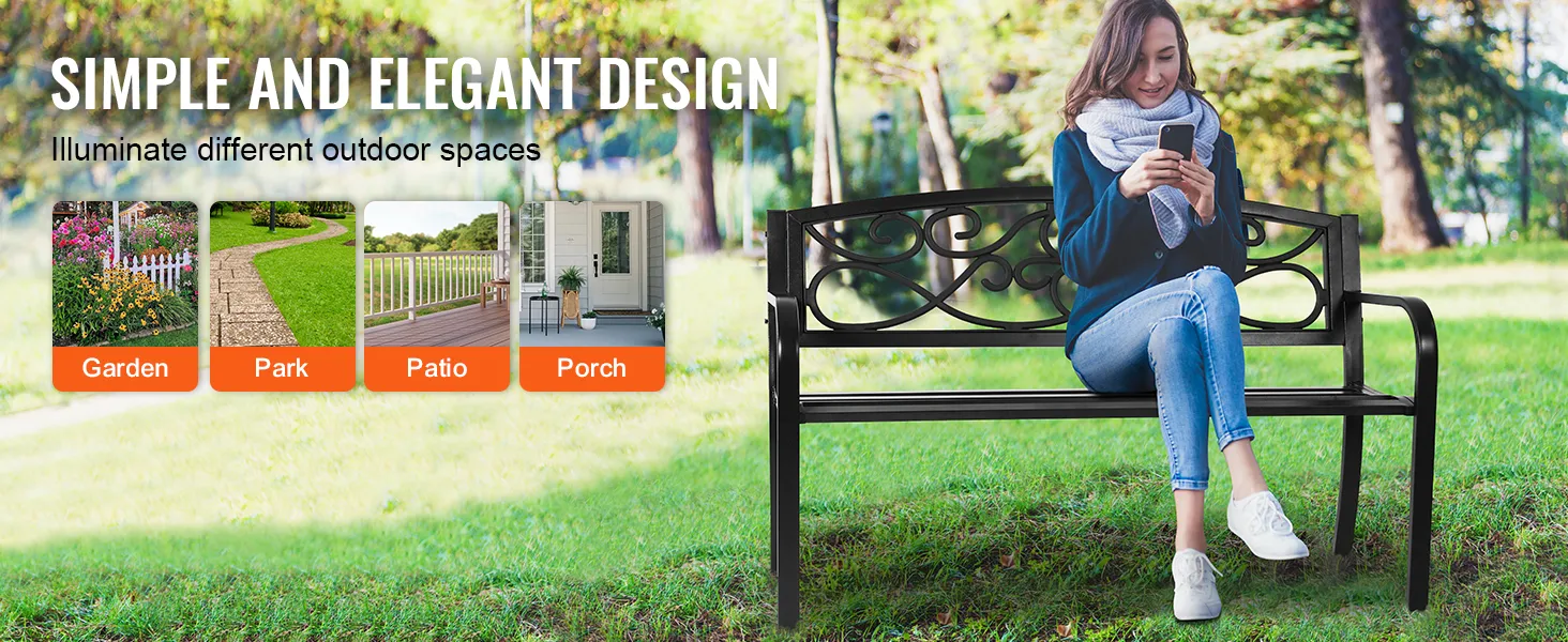 Ławka ogrodowa VEVOR, idealna do ogrodu, parku, na patio i werandę, wyróżniająca się eleganckim i prostym wzornictwem.