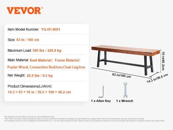 VEVOR-Gartenbank, Sitzfläche aus Pappelholz mit Eisenrahmen, 63 Zoll lang, maximale Belastung 500 Pfund, inklusive Werkzeug.