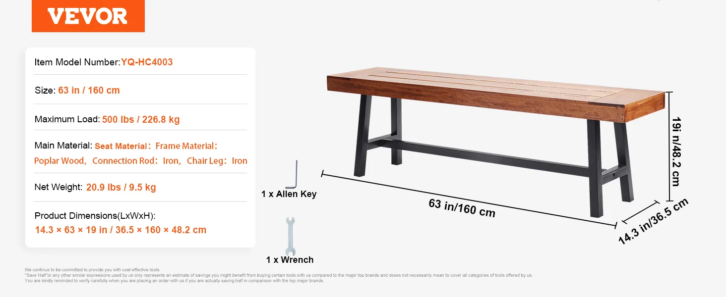VEVOR-Gartenbank, Sitzfläche aus Pappelholz mit Eisenrahmen, 63 Zoll lang, maximale Belastung 500 Pfund, inklusive Werkzeug.