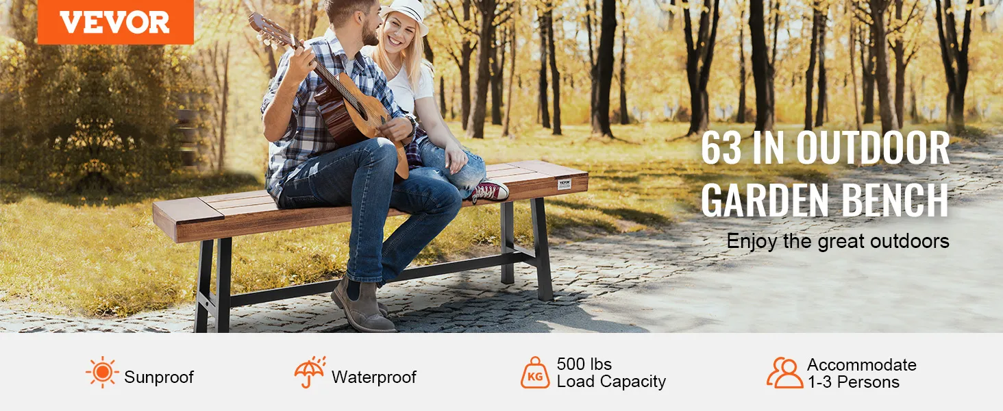VEVOR-Außenbank in einem malerischen Herbstpark, mit sonnen- und wasserfesten Eigenschaften.