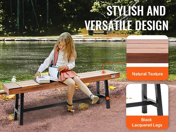 VEVOR-Gartenbank mit natürlicher Textur und schwarz lackierten Beinen, stilvolles und vielseitiges Design an einem Teich.
