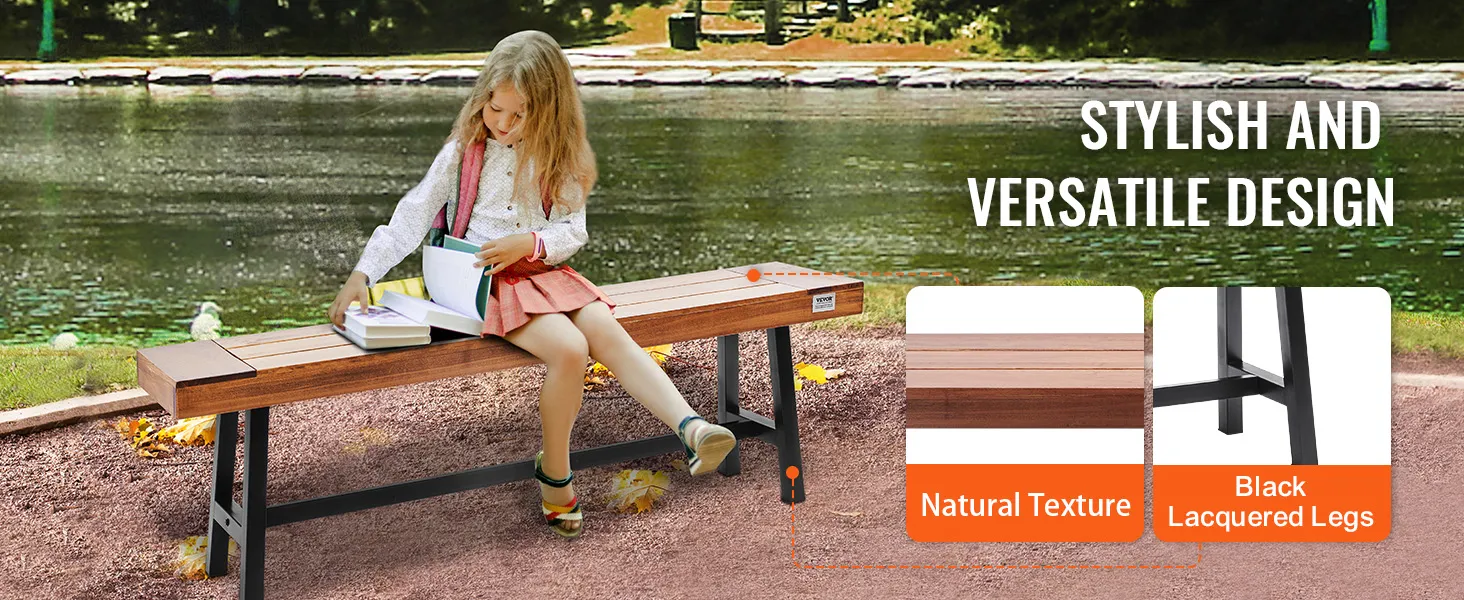 VEVOR-Gartenbank mit natürlicher Textur und schwarz lackierten Beinen, stilvolles und vielseitiges Design an einem Teich.