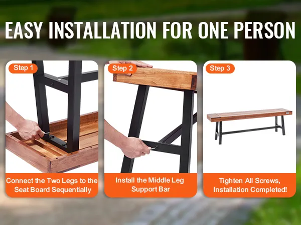 Einfache Installationsanleitung zum Zusammenbau einer VEVOR-Gartenbank, die die Schritte von der Beinbefestigung bis zur Fertigstellung zeigt.