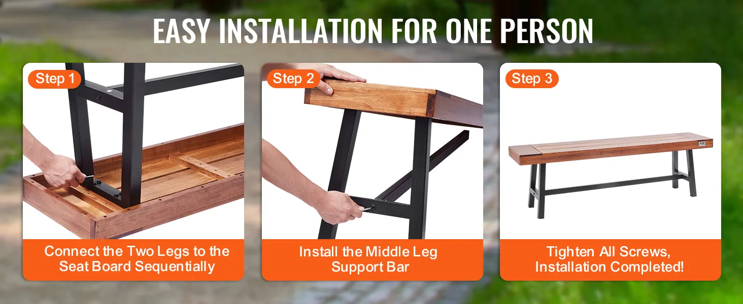 Einfache Installationsanleitung zum Zusammenbau einer VEVOR-Gartenbank, die die Schritte von der Beinbefestigung bis zur Fertigstellung zeigt.