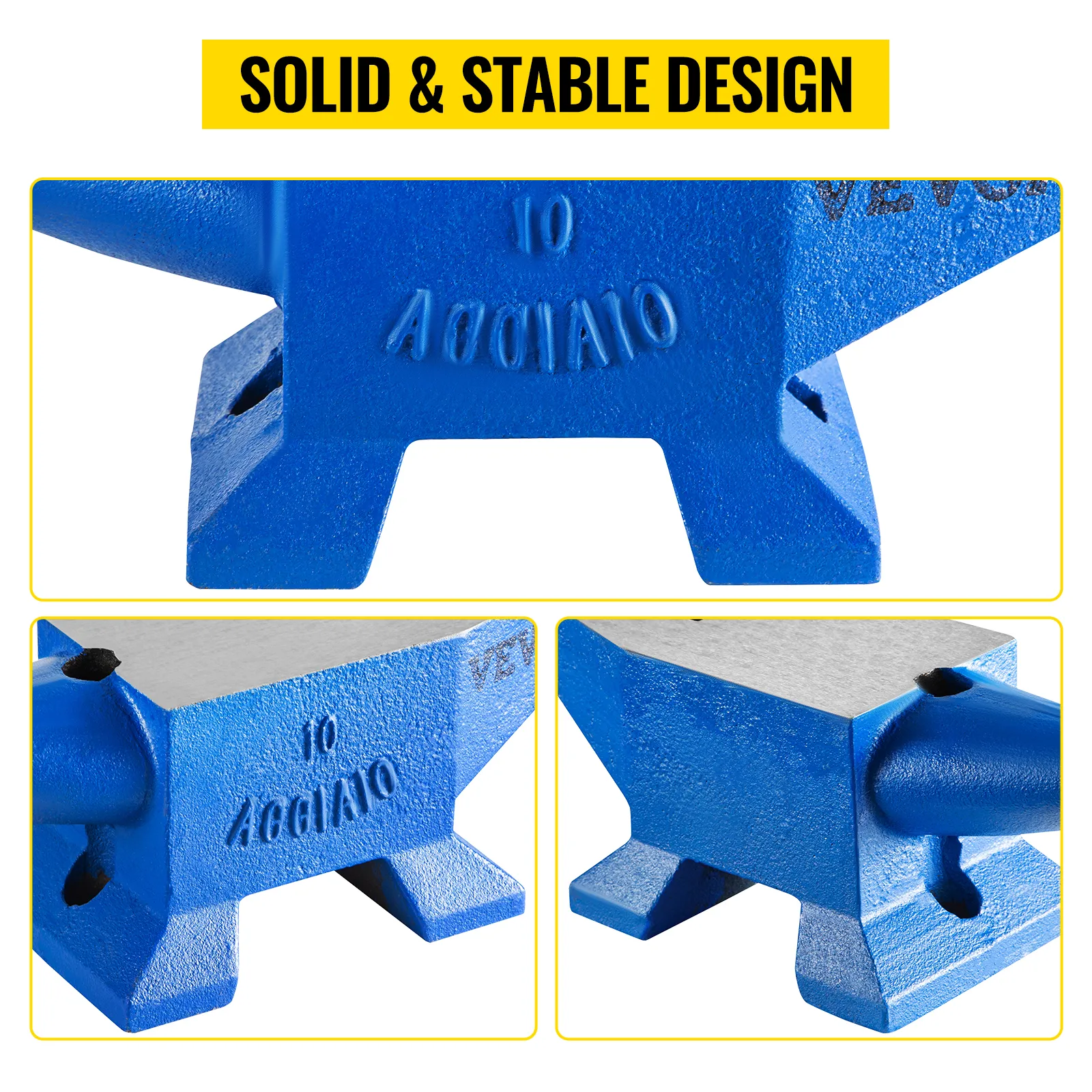 Incudine da fabbro VEVOR dal design blu solido e stabile con tre viste dettagliate.